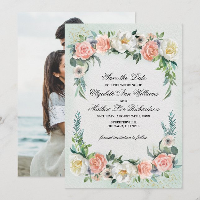 Save the Date. Romantic Roses Wedding Photo Card (Front/Back)
