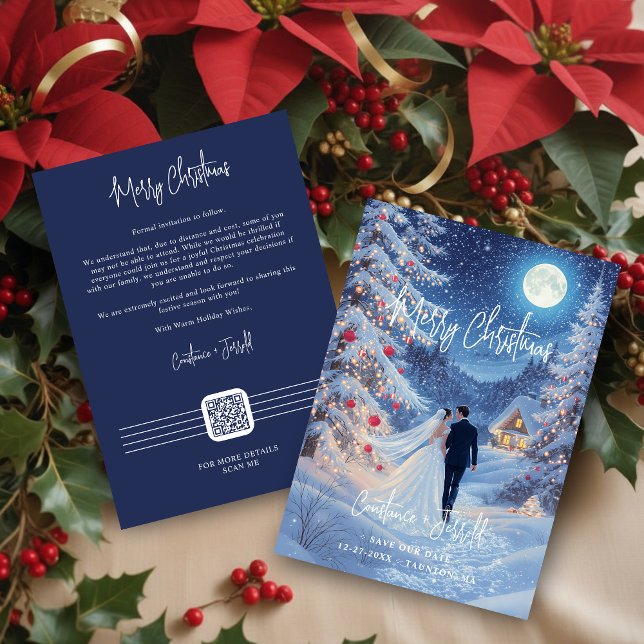 Save The Date Romantic Wedding Scene Toward Christmas Cabin (Bride and Groom in a Mystical Romantic Forest on the Way to Christmas Cabin Save the Date with QR.)