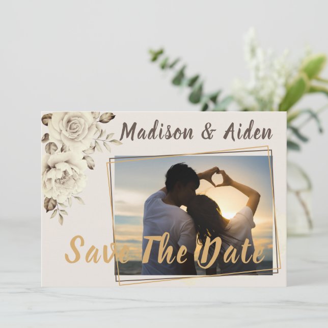Save the Date | Romantic White Rustic Roses Announcement (Standing Front)