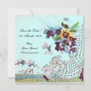 Save The Date ROMANTICA Floral rose Turquoise bleu Mariage Monog