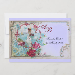 Save The Date ROMANTICA  MONOGRAMME Fleurs Rose Bleu Mariage Fêt