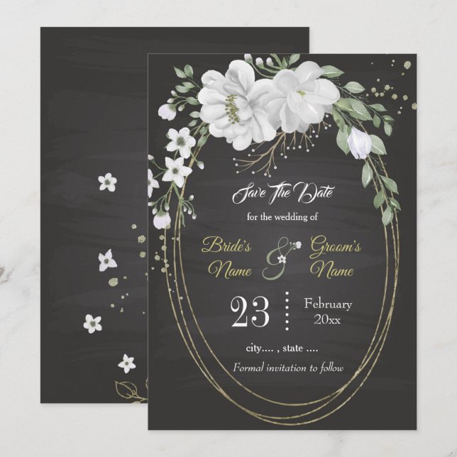 Save The Date Romantique blanc verdure cadre ovale noir (Devant / Derrière)