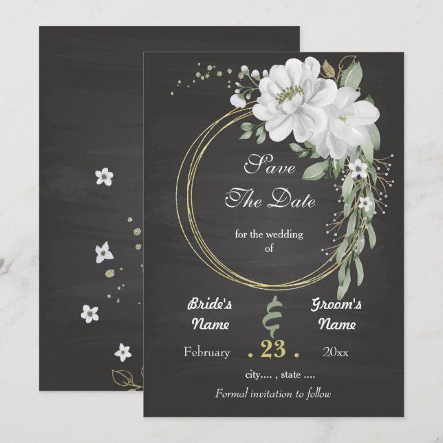 Save The Date Romantique blanc verdure fleurie couronne noire (Devant / Derrière)