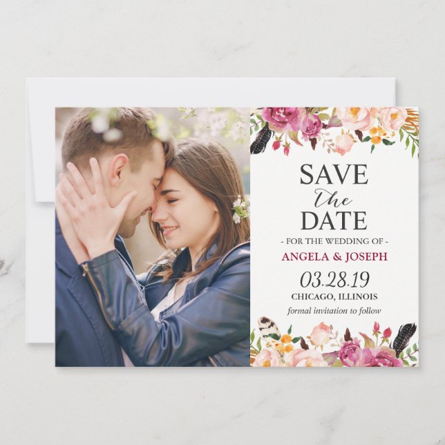 Save The Date Romantique Boho Floral Feather Photo Enregistrer l (Devant)