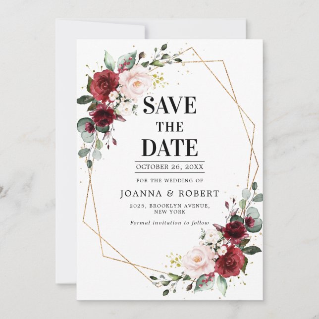 Save The Date Romantique Bourgogne Blush rose Botanique Géométri (Devant)