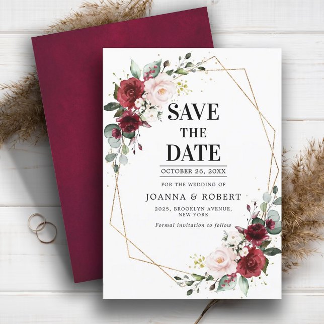 Save The Date Romantique Bourgogne Blush rose Botanique Géométri (Créateur téléchargé)