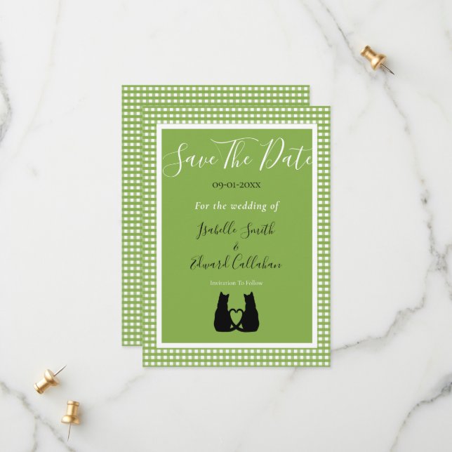 Save The Date Romantique Chat Noir Couple Vert En vichy Motif (Devant/Arrière en situation)