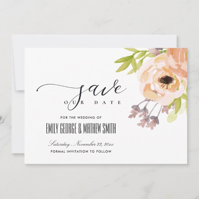 SAVE THE DATE ROMANTIQUE CHIC ROSE PÊCHE VIOLET FLORAL (Devant)