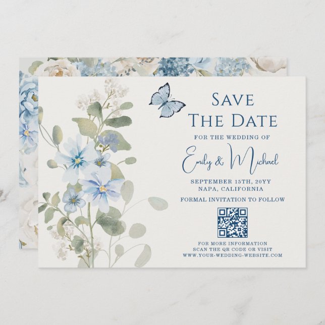 Save The Date Romantique Dusty Blue Floral Code QR Mariage (Devant / Derrière)