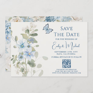 Save The Date Romantique Dusty Blue Floral Code QR Mariage