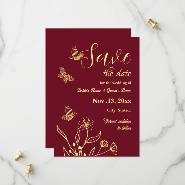 Save The Date Romantique élégante fleur or bordeaux mariage (Devant/Arrière en situation)