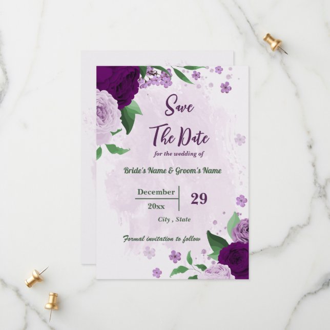 Save The Date Romantique fleurs violet vert mariage (Devant/Arrière en situation)
