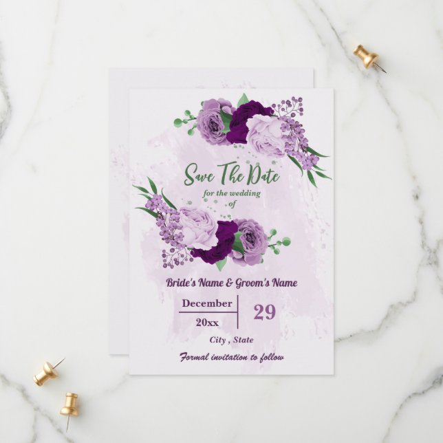 Save The Date Romantique fleurs violet vert mariage (Devant/Arrière en situation)