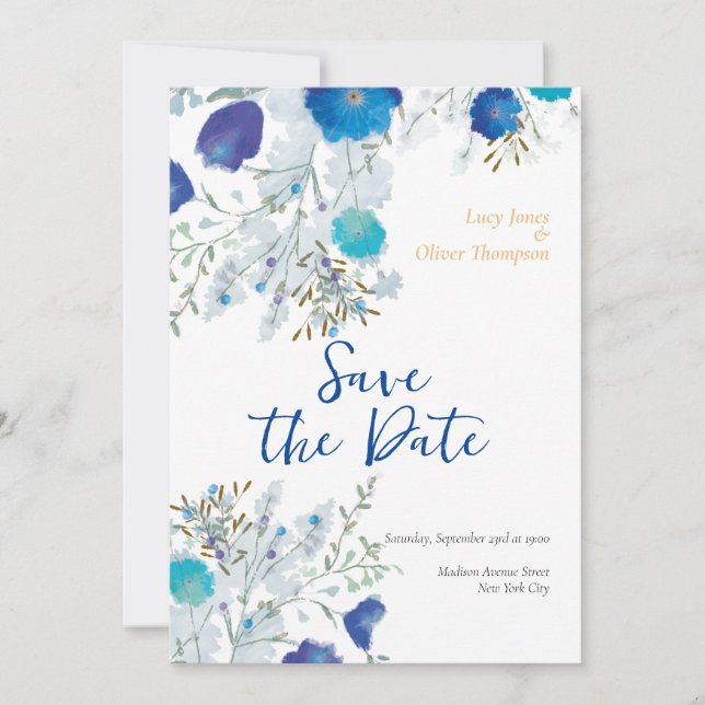 Save The Date Romantique, Mariage floral bleu (Devant)