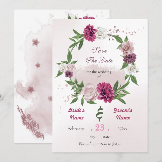 Save The Date Romantique mauve rose bordeaux couronne florale (Devant / Derrière)
