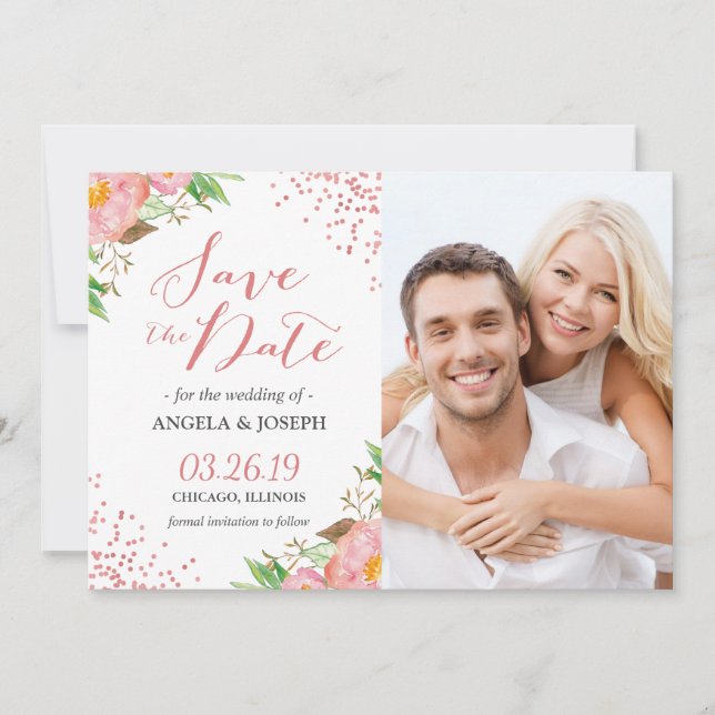 Save The Date Romantique rose floral Confetti Photo Enregistrer  (Devant)