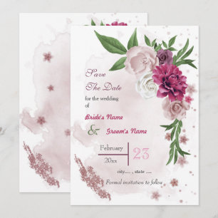 Save The Date Romantique rose mauve blanc fleurs verdure