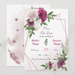 Save The Date Romantique rose mauve fleurs blanches géométriques