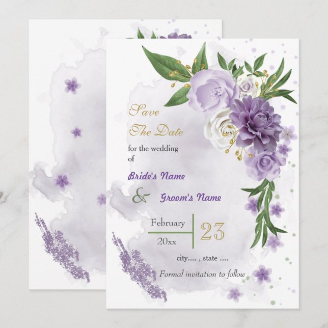 Save The Date Romantique violet fleurs blanches vert (Devant / Derrière)