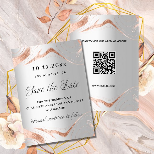 Save The Date Rose argent marbre or moderne QR code mariage (Créateur téléchargé)