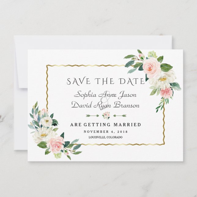 Save The Date Rose Blush Flowers Gold Frame Marine Blue Mariage (Devant)