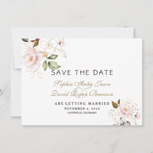 Save The Date Rose Blush Gold Floral Mariage Enregistrer La Date (Devant)