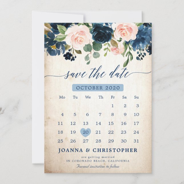 Save The Date Rose botanique rose et bleu marine à annoncer pour (Devant)