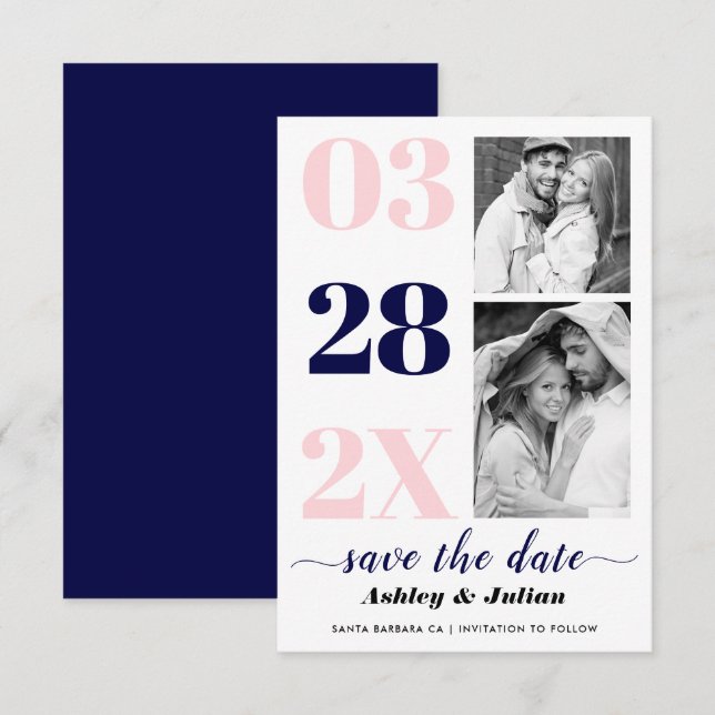 Save The Date Rose clair moderne, bleu marine typographie deux p (Devant / Derrière)