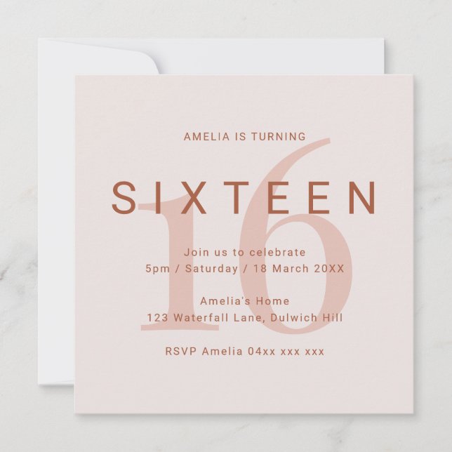 Save The Date Rose contemporain 16e anniversaire de fête Invitat (Devant)
