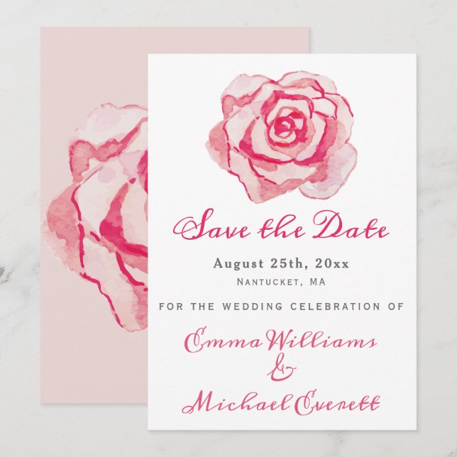 Save The Date Rose d'aquarelle rose - Mariage Enregistrer la car (Devant / Derrière)