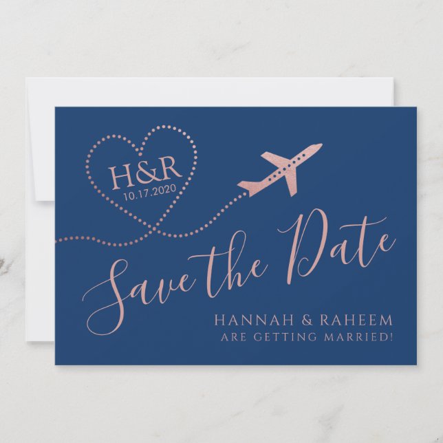 Save The Date Rose de Coeur d'avion Gold et Marine Blue Destinat (Devant)
