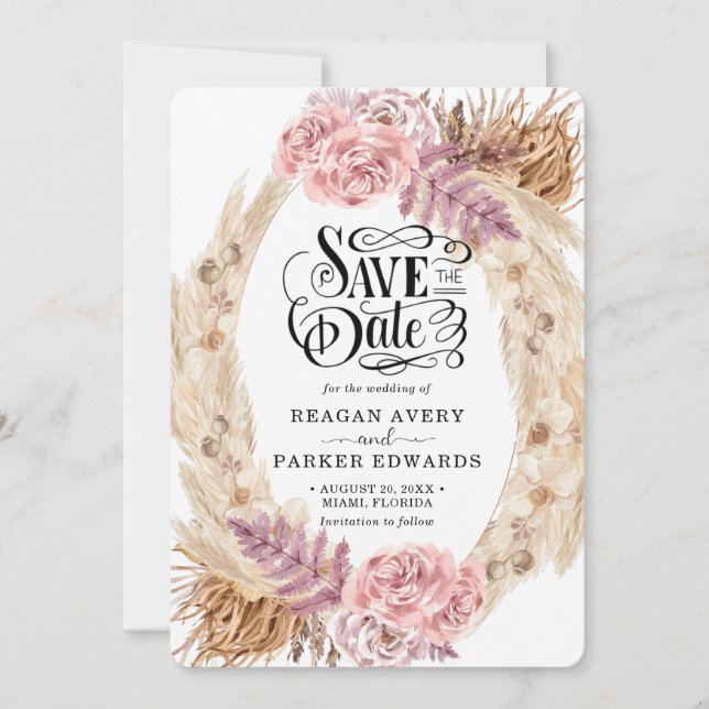 Save The Date Rose de laiton Pampas Mariage violet (Devant)