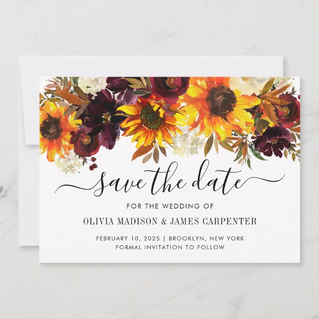 Save The Date Rose de tournesol rustique Bourgogne Mariage de au (Devant)