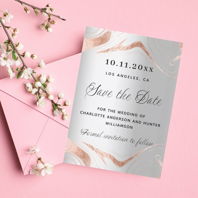 Save The Date Rose en argent marbre or moderne mariage (Créateur téléchargé)