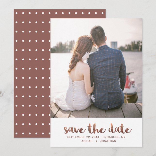 Save The Date Rose en cuivre Chic Faux avec points Photo (Devant / Derrière)