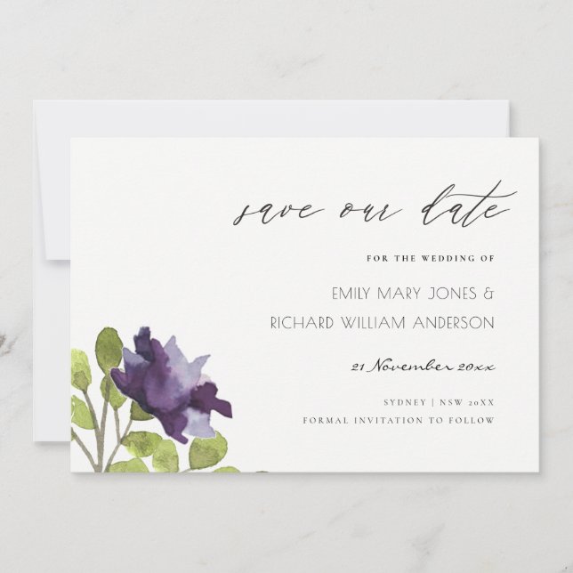 Save The Date Rose Fleur d'eau aquarelle violette bleue élégante (Devant)