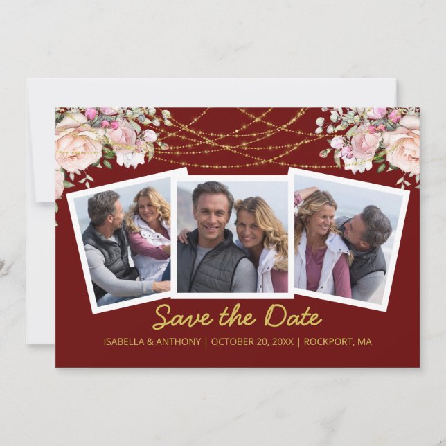 Save The Date Rose Floral Rose Gold Burgundy 3 Photo  (Devant)