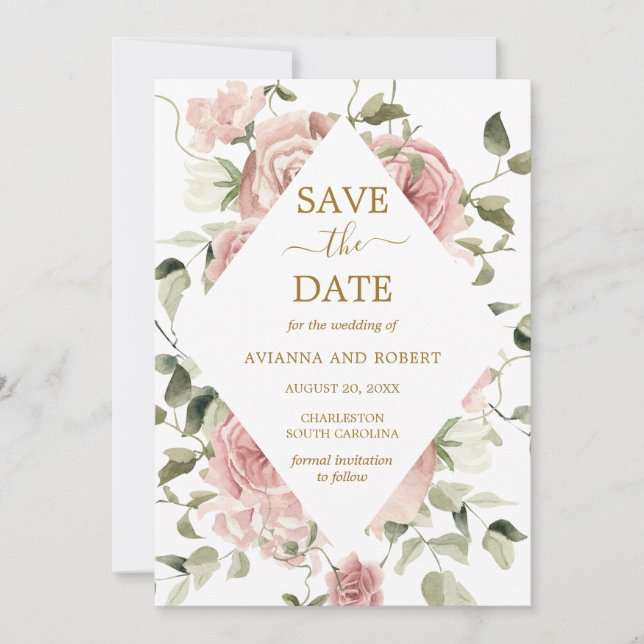Save The Date Rose Florale Rose Poussiéreuse Photo  (Devant)