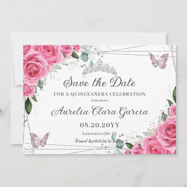 Save The Date Rose Fuchsia Floral Argent Quinceañera XV Douze Cé (Devant)