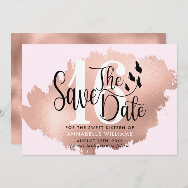 Save The Date Rose Gold 16e fête d'anniversaire (Devant / Derrière)