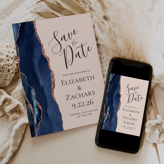 Save The Date Rose Gold Agate Bleu Marine Fleurs de Cerisier Enr (Créateur téléchargé)