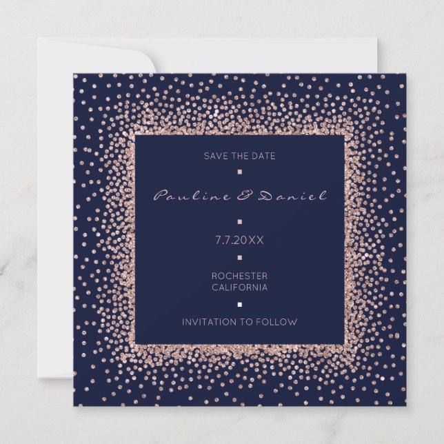 Save The Date Rose Gold Bleu Nuit Paillettes Monogramme Enregist (Devant)