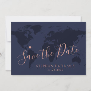 Save the Date Rose Gold Blue World Map Destination