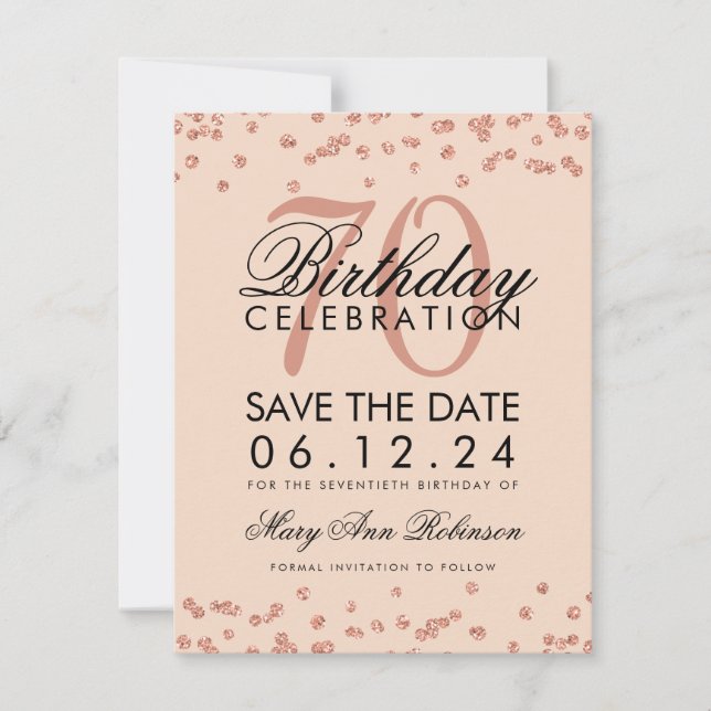 Save The Date Rose Gold Blush 70th Birthday Save Date Confetti (Devant)