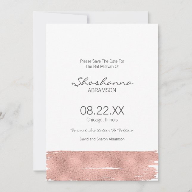 Save The Date Rose Gold Brushstroke Bat mitzvah Enregistrer la d (Devant)