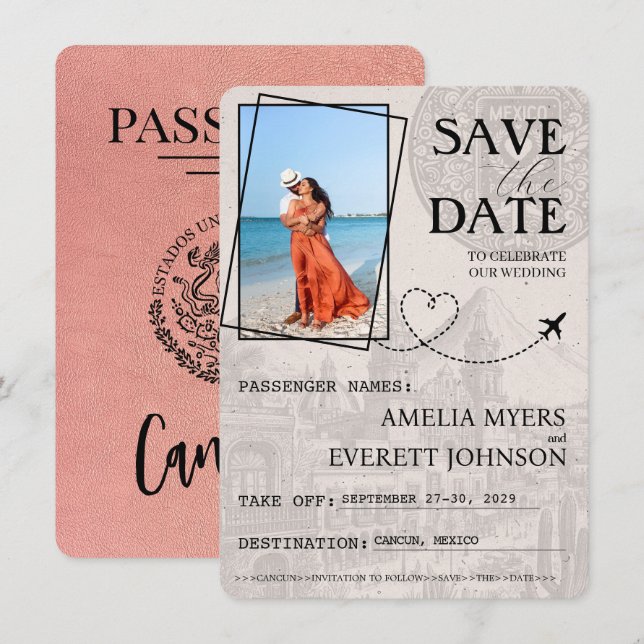 Save The Date Rose Gold Cancun Passeport Enregistrer La Date (Devant / Derrière)