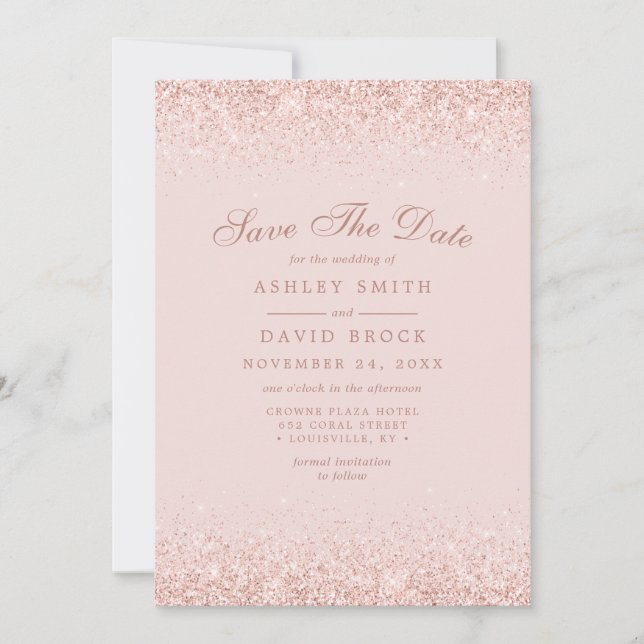 Save The Date Rose Gold Confetti Blush Rose Moderne (Devant)