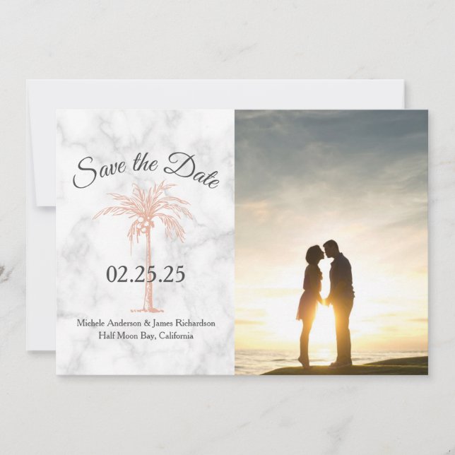 Save The Date Rose Gold Copper Palm Tree Marble Photo Mariage (Devant)