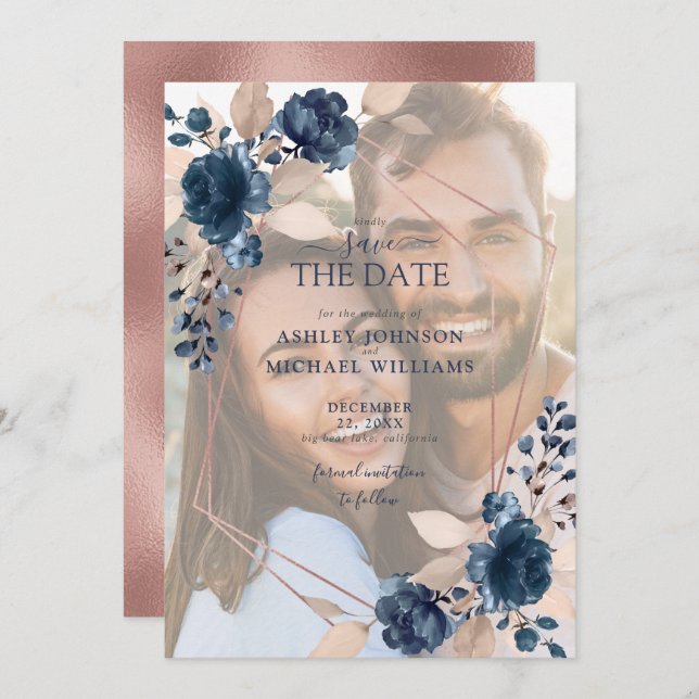 Save The Date Rose Gold Dusty Pink Navy Photo Enregistrer la dat (Devant / Derrière)