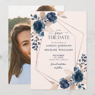 Save The Date Rose Gold Dusty Pink Navy Photo Enregistrer la dat